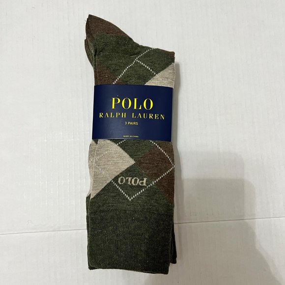 Polo Ralph Lauren 3-Pack Dress Socks 3 Pairs Crew Argyle Striped Socks Green/Tan - Picture 1 of 7